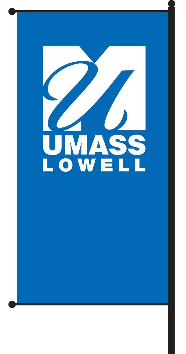 Example of a temporary light pole banner with the UMass Lowell logo on a blue background.