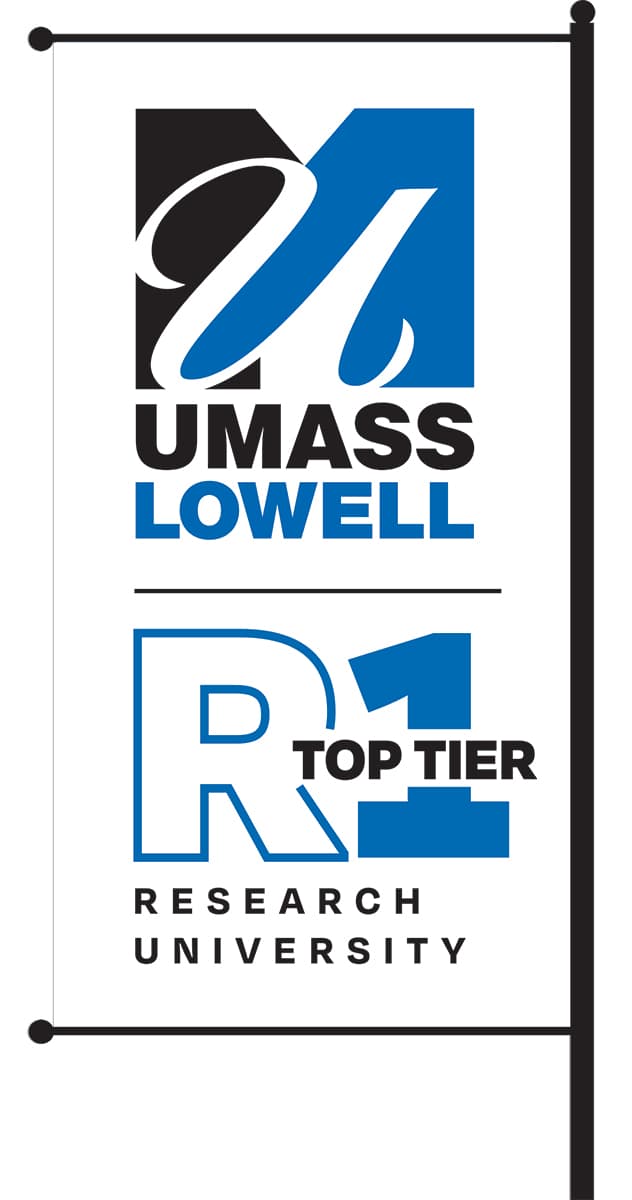 Example of a temporary light pole banner with the UMass Lowell logo on a white background.