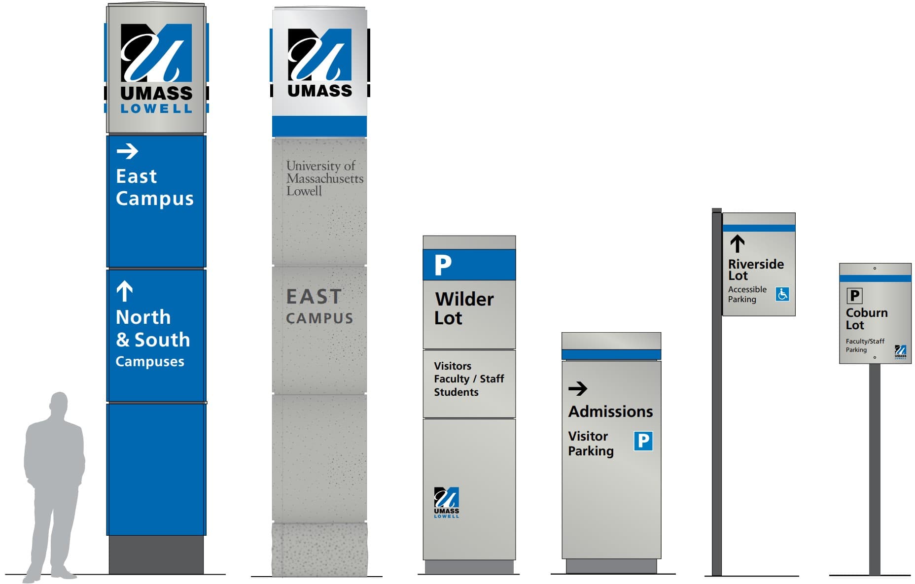 UMass Lowell campus signage designs for directions and parking, shown in various sizes and formats.