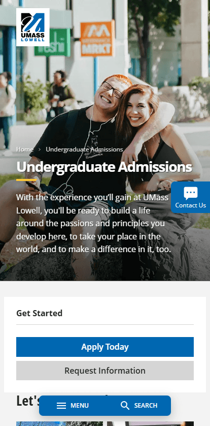 Screenshot of the UMass Lowell admissions website.