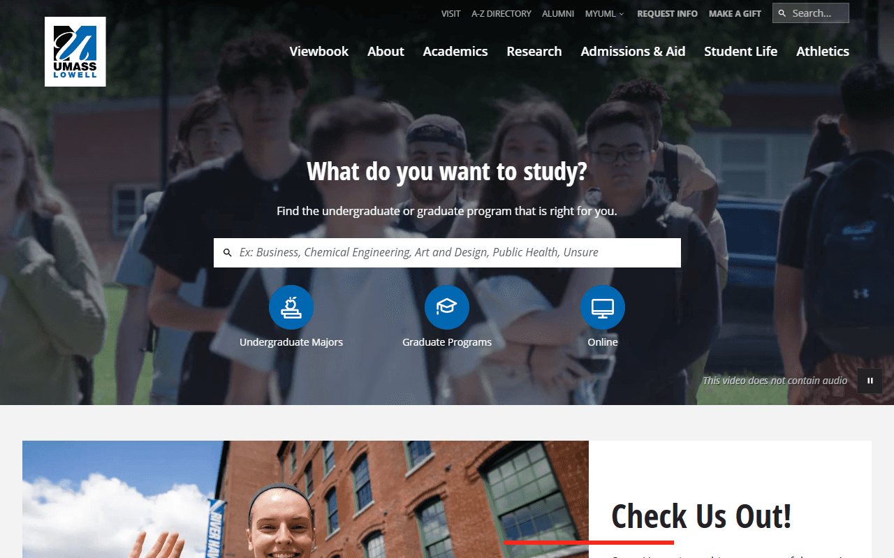 Screenshot of the UMass Lowell website.