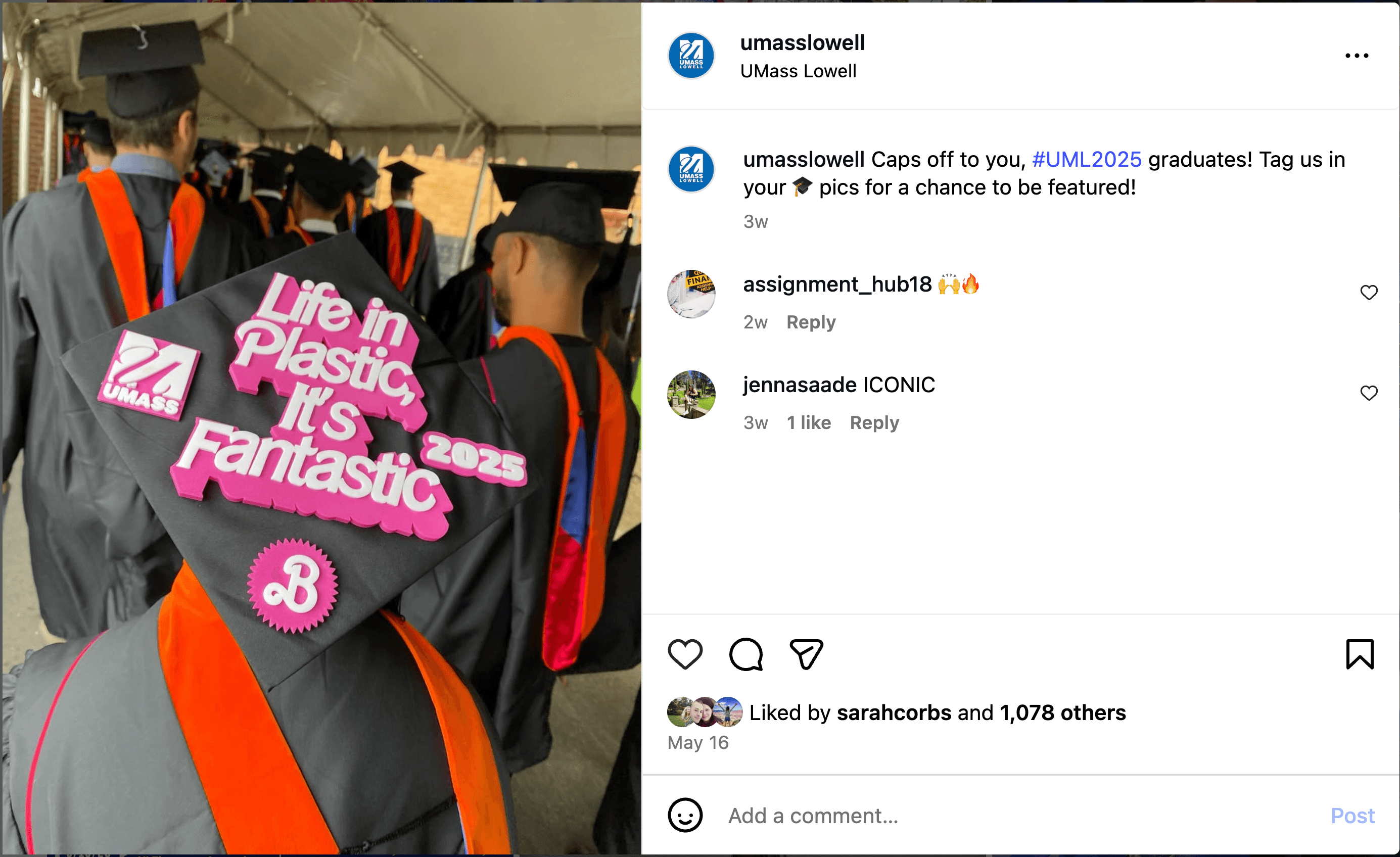 Graduate in gown shows decorated cap reading “Life in Plastic, It’s Fantastic 2025” in pink letters.