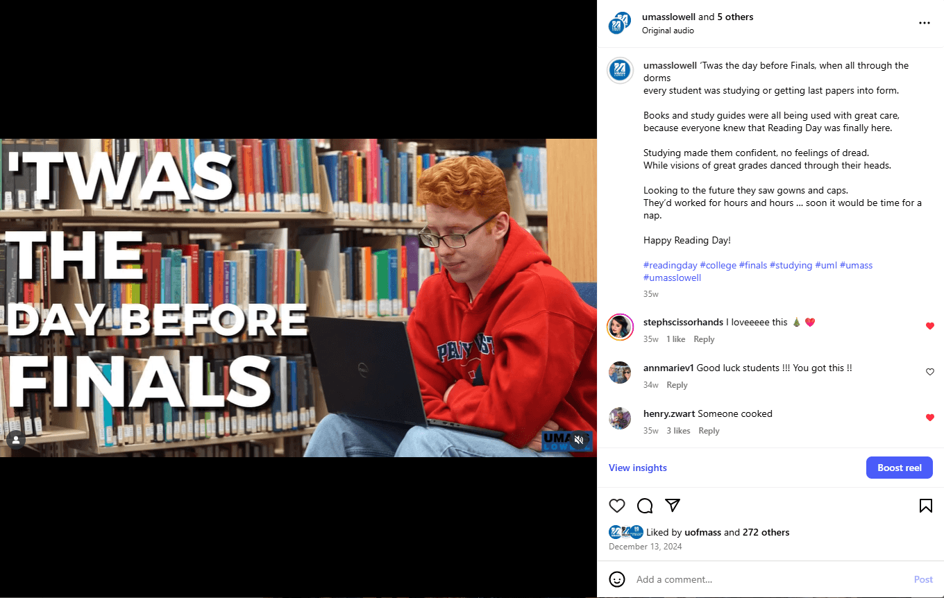Student in red hoodie studying on a laptop in the library next to large text reading "'Twas the day before finals".