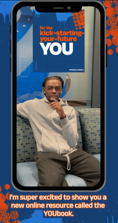 Student in gray hoodie introduces the YOUbook resource on a mobile-themed graphic background.